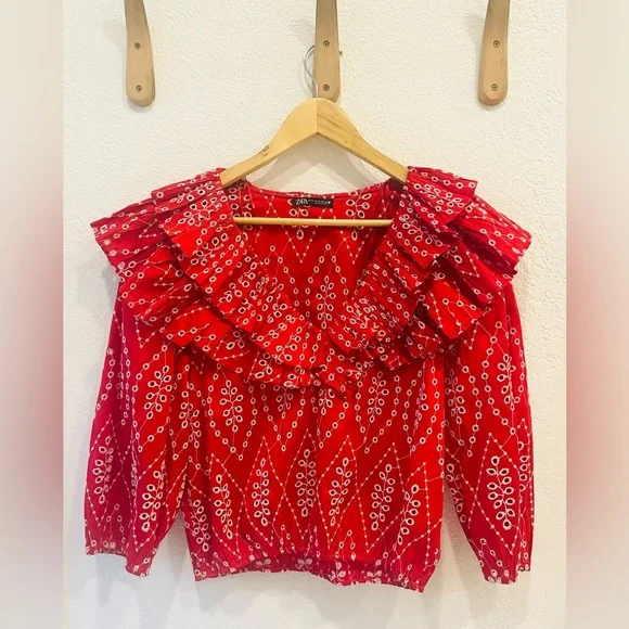 Zara Red/White Embroidered 3/4 Sleeve Ruffle Collar Top Size M - Picture 2 of 4